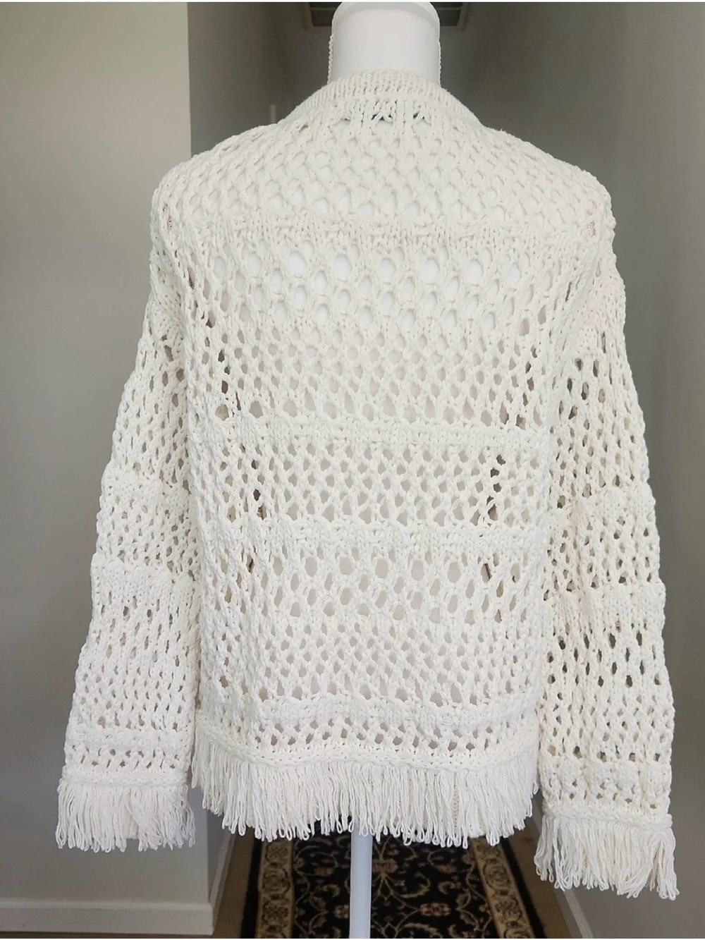 Zara Fringe Crochet Sweater Top Open Knit V-Neck Tassel Boho Beach Shirt